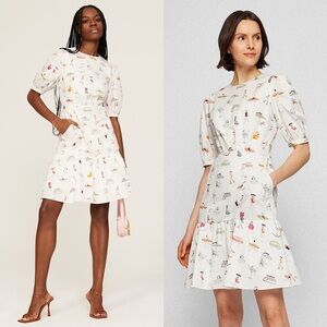 BOSS Retro Beach Print Cotton Poplin Puff Short Sleeve Flounce Hem Mini Dress 6
